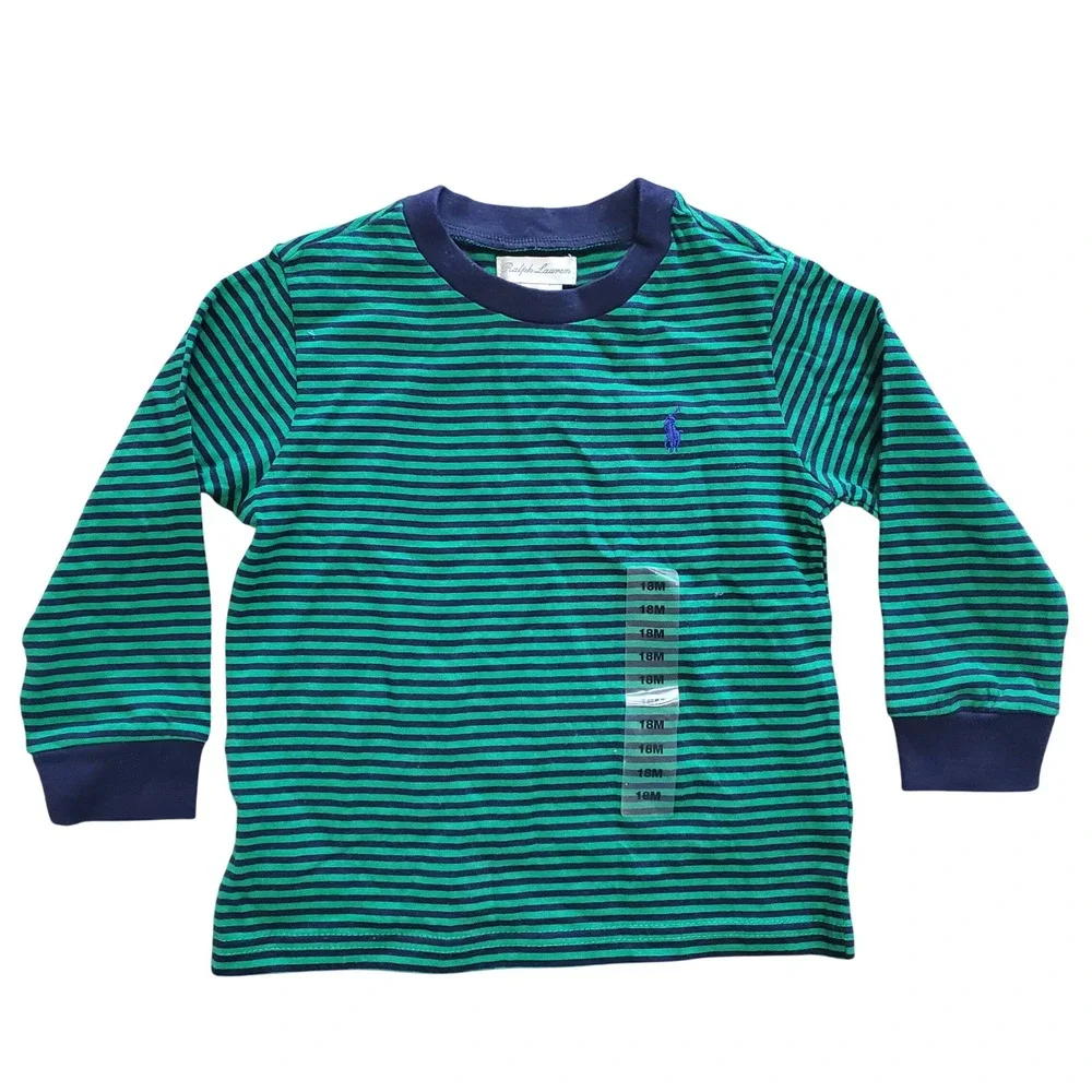Ralph Lauren Toddler Boys Green Navy Striped Long Sleeve T-Shirt 18M NWT